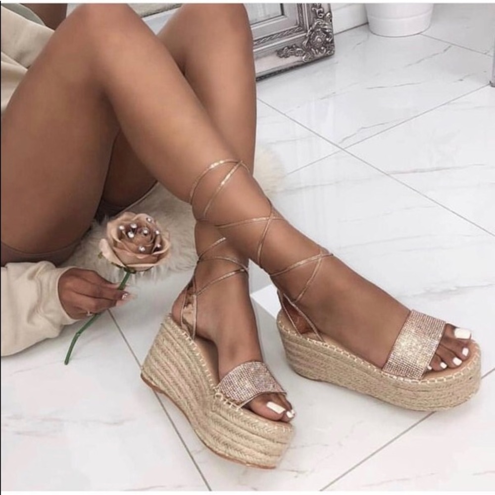 Rose Gold Diamante Lace Up Espadrille Flatforms
